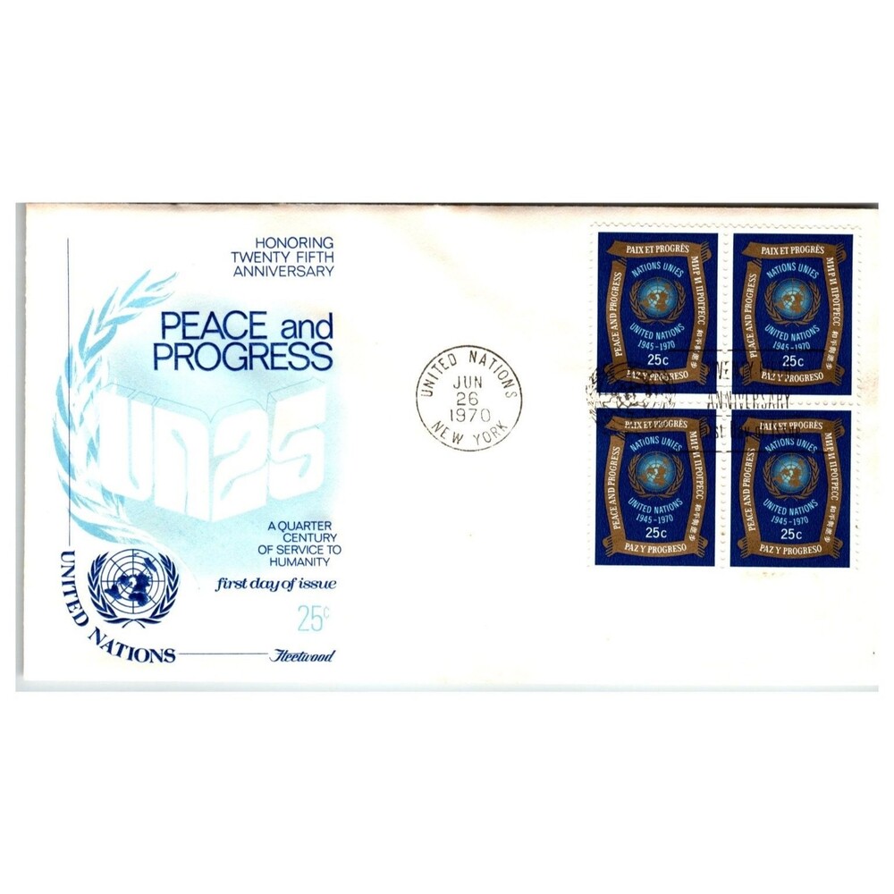 United Nations FDC 1970 New York Peace Progress Scott #199 Block